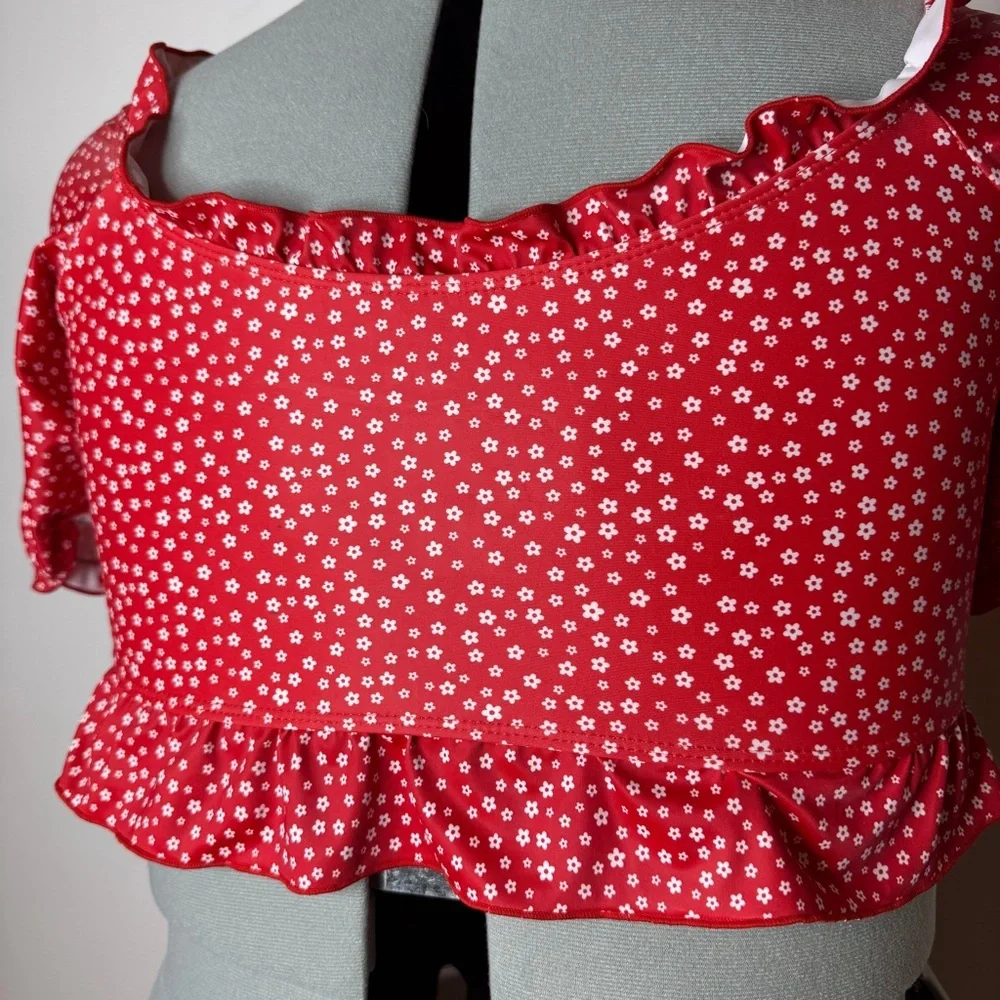 Red Floral Off-Shoulder Swim Top